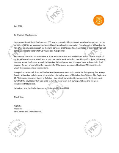 Recommendation Letter for PDS from Fiserv Forum